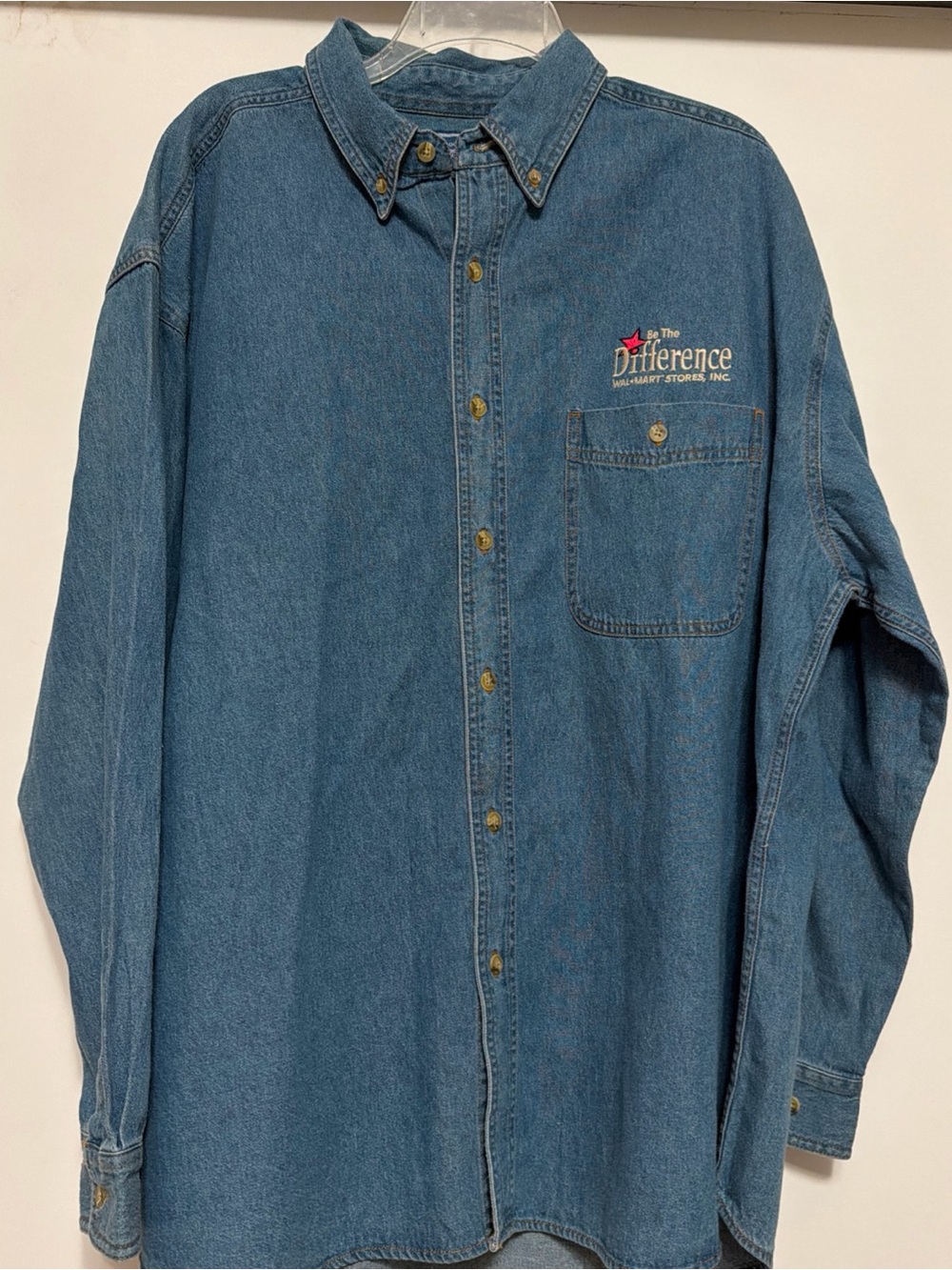 Embroidered 'Difference' Denim Button-Up Shirt - Blue